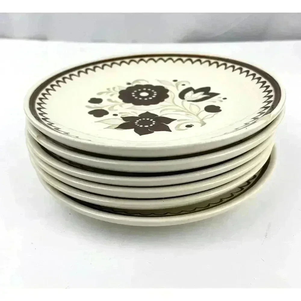 VTG Set of 6 1970's Floral Dessert Plate Brown‎ Tan Flowers 6